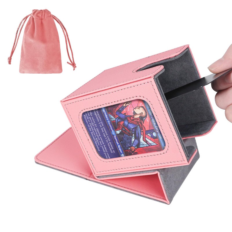 AFIING MTG Deck Box for Commander Display,Card Deck Box Fits 100 Double Sleeved Cards, Magic Commander TCG Card Storage Box with 2 Dividers,Drawstring Bag and 1 Toploader(Pink/grey) - Image 1