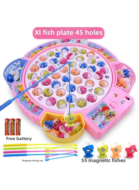Children's Educational Concentration Training Family Board Games Parent-child Interactive Table Games Kindergarten Fishing Toys-Color:Pink [extra Large Fish Plate] 55 Magnetic Fish + Music Can Be Turned Off-Specification:[rechargeable Version] Comes With Rechargeable Battery + Charger