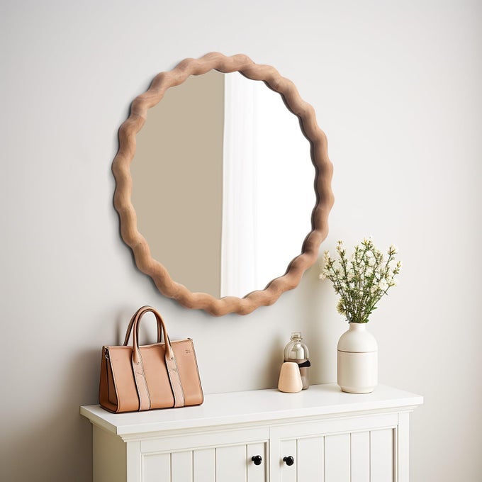 NATURAL WOOD ROUND MIRROR 24 DECORATIVE RUSTIC LARGE CIRCLE WAVED IRREGULAR FARMHOUSE MIRROR FOR LIVING ROOM FIREPLACEHALLWAYFARMHOUSE
