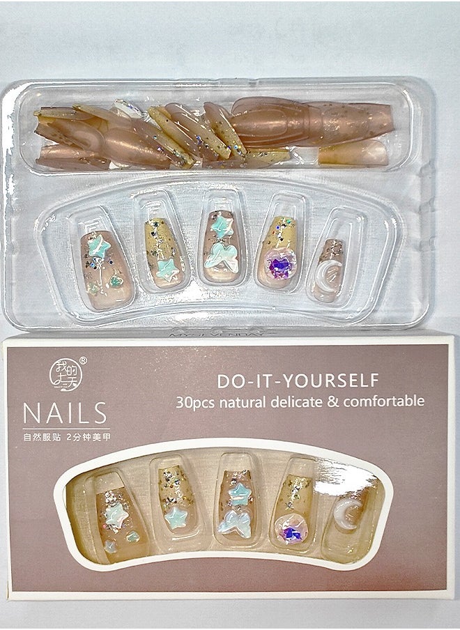 NIBEMINENT 30Pcs Fake Nails, Press Nails In Box,Mid-length Flat head shaped Solid Pink Orange Color Shiny Nail Art,Star,Big Purple Circle Zircon,Blue Star&Moon&Butterfly Zircon, Candy style, Fake Nail Patch  - Image 3