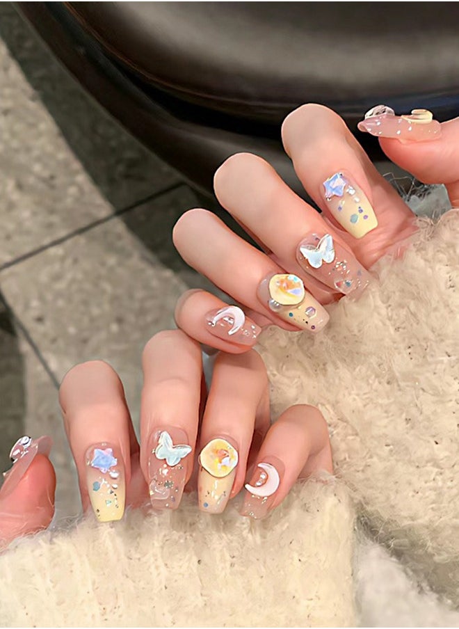 NIBEMINENT 30Pcs Fake Nails, Press Nails In Box,Mid-length Flat head shaped Solid Pink Orange Color Shiny Nail Art,Star,Big Purple Circle Zircon,Blue Star&Moon&Butterfly Zircon, Candy style, Fake Nail Patch  - Image 1
