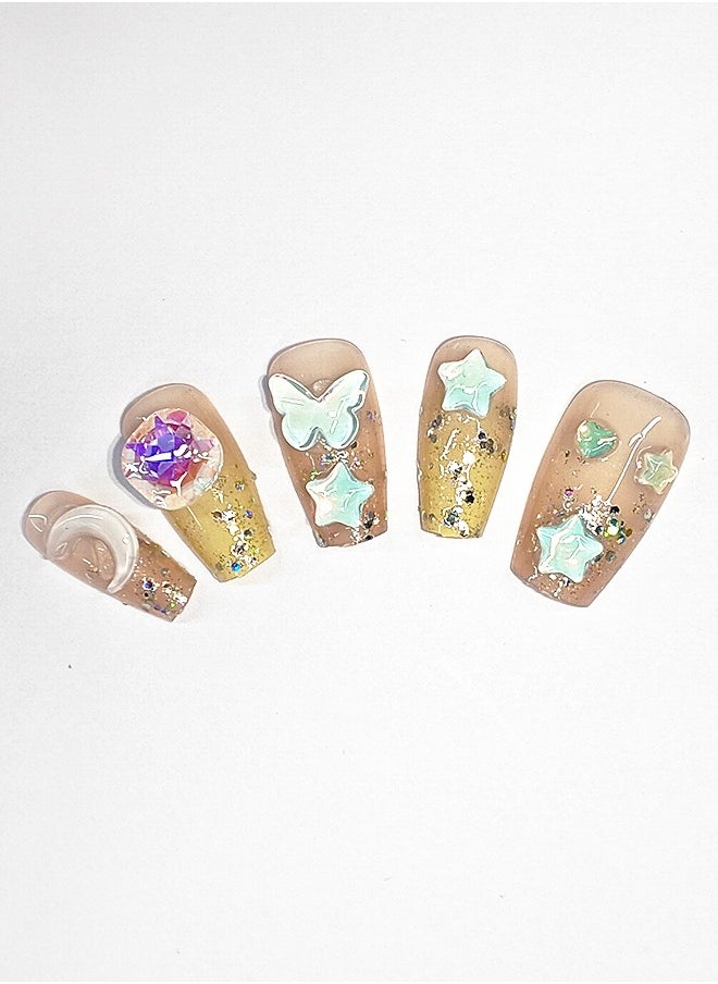 NIBEMINENT 30Pcs Fake Nails, Press Nails In Box,Mid-length Flat head shaped Solid Pink Orange Color Shiny Nail Art,Star,Big Purple Circle Zircon,Blue Star&Moon&Butterfly Zircon, Candy style, Fake Nail Patch  - Image 2