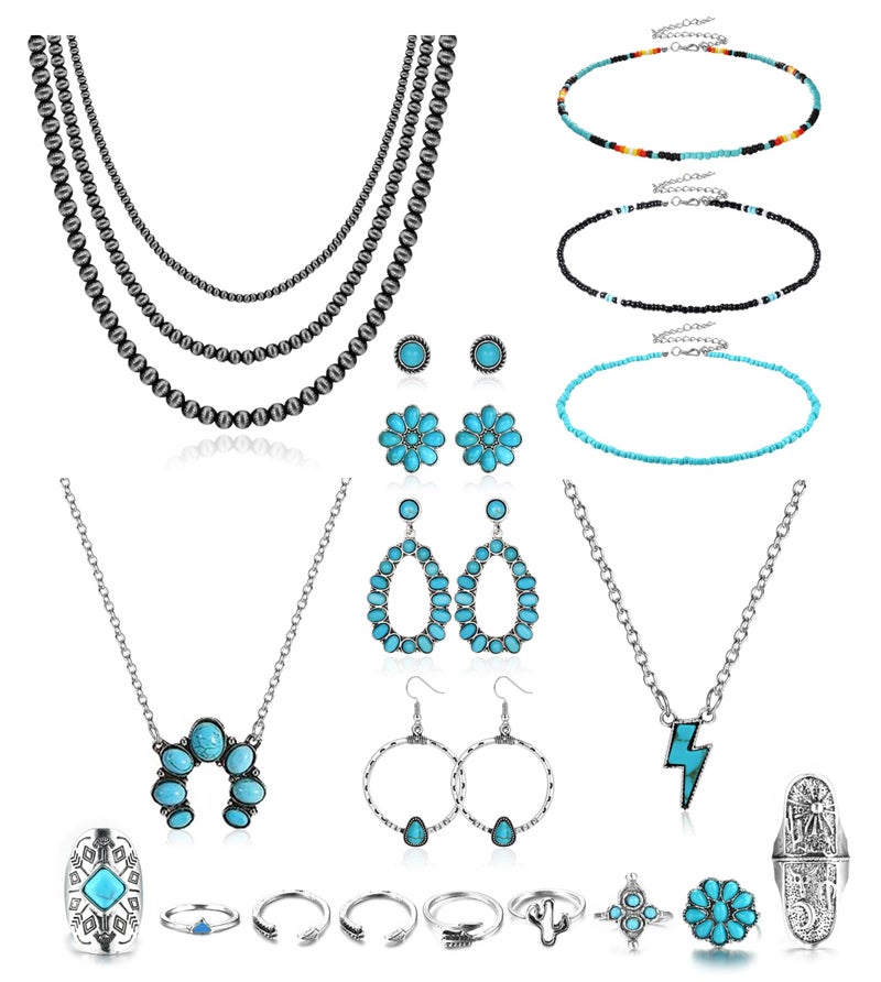 Fansilver Western Jewelry for Women Bohemian Turquoise Jewelry Set Navajo Pearl Necklace Beaded Choker Necklace Turquoise Earrings Bracelet Western Knuckle Rings TurquoiseJewelry for Women - Image 1