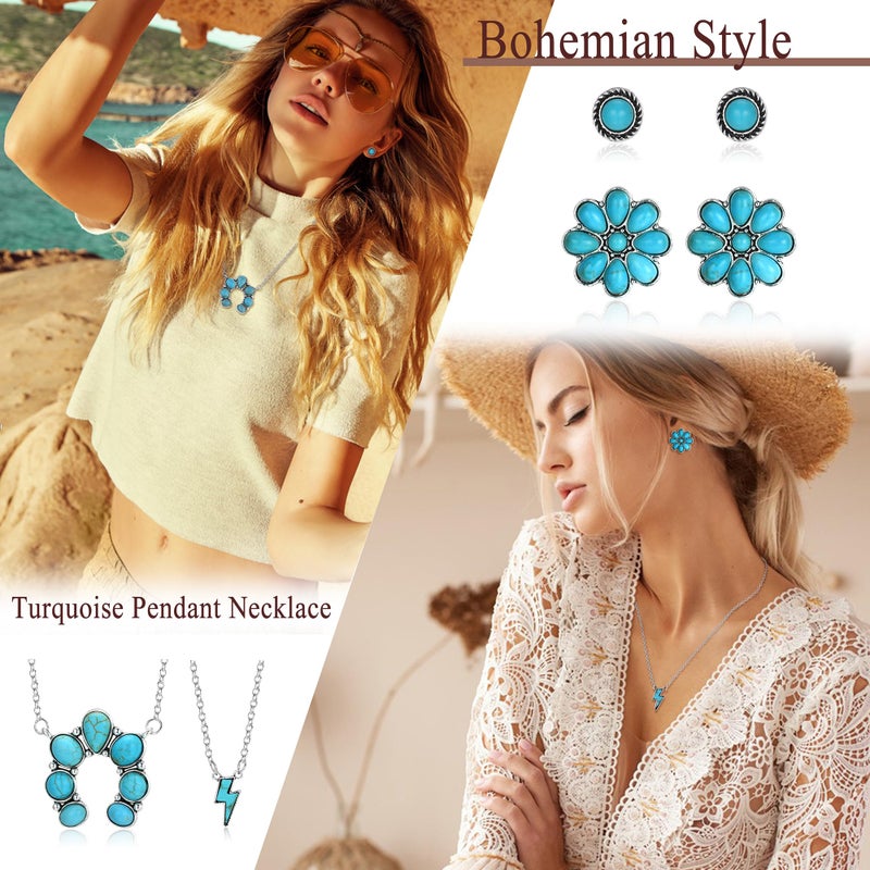 Fansilver Western Jewelry for Women Bohemian Turquoise Jewelry Set Navajo Pearl Necklace Beaded Choker Necklace Turquoise Earrings Bracelet Western Knuckle Rings TurquoiseJewelry for Women - Image 5