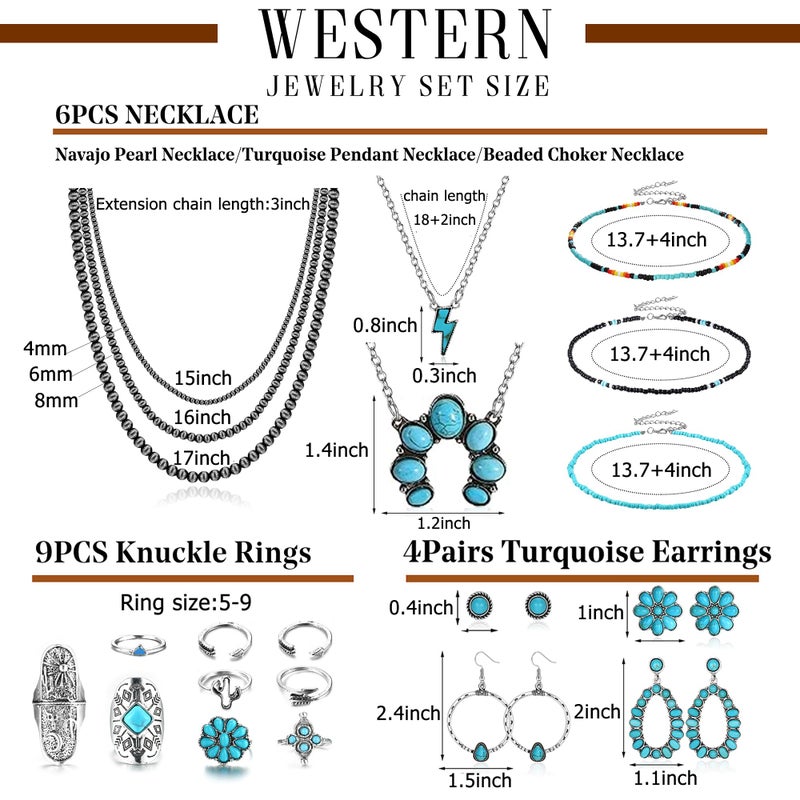 Fansilver Western Jewelry for Women Bohemian Turquoise Jewelry Set Navajo Pearl Necklace Beaded Choker Necklace Turquoise Earrings Bracelet Western Knuckle Rings TurquoiseJewelry for Women - Image 2