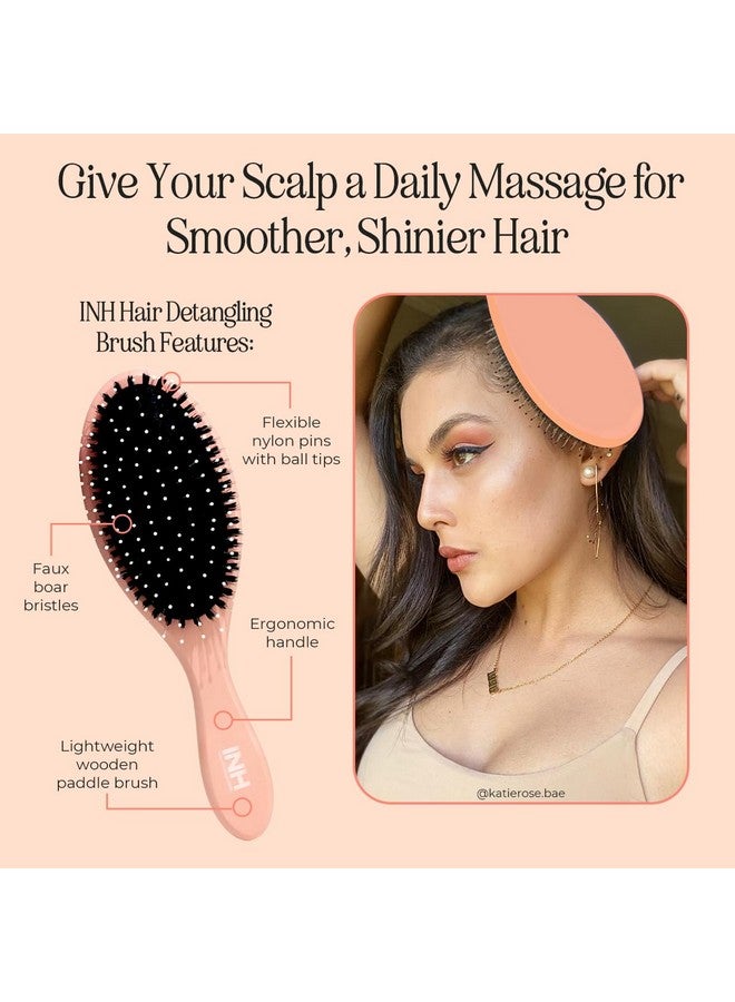 INH Boar Bristle Hair Brush | Smoothing Detangler Brush With Soft Vegan Mixed Bristles For Wet & Dry Hair | Detangling Anti-Frizz Wood Paddle Brush For Wig, Extensions, Human & Synthetic Hair | Peach - Image 4