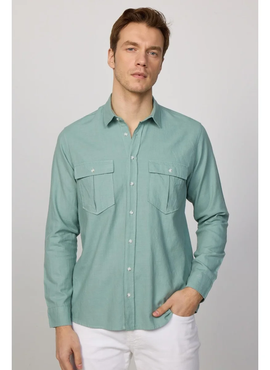 Tudors Classic Fit Double Pocket Cotton Linen Green Men's Shirt