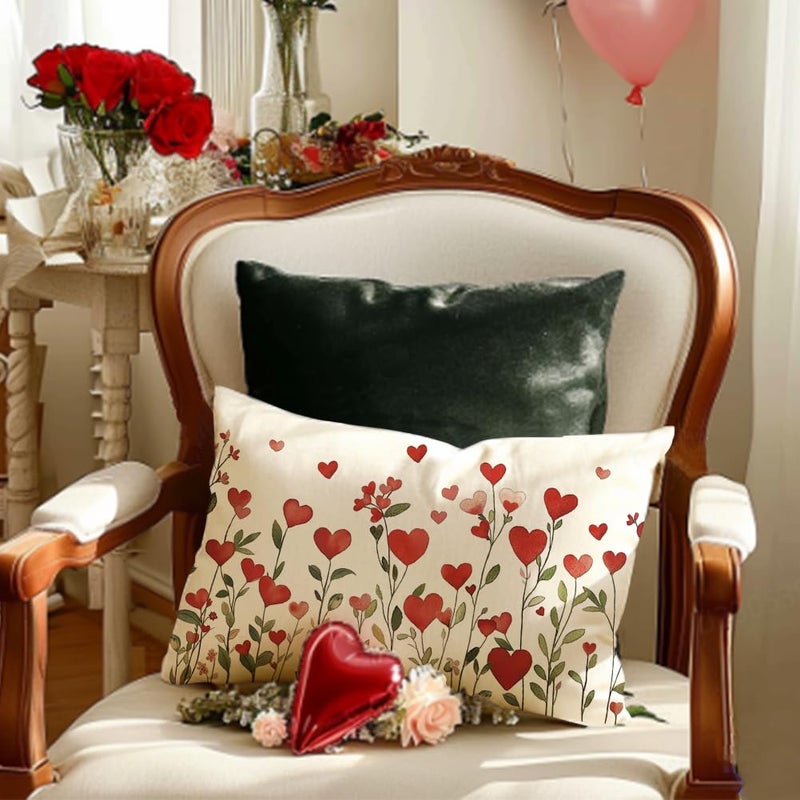 RABUSOFA Valentines Pillow Covers 12x20 inch Indoor Outdoor Waterpproof Valentines Day Decoration Red Love Heart Floral Lumbar Throw Pillowcase for Bedroom Sofa Holiday Home Decor - Image 2