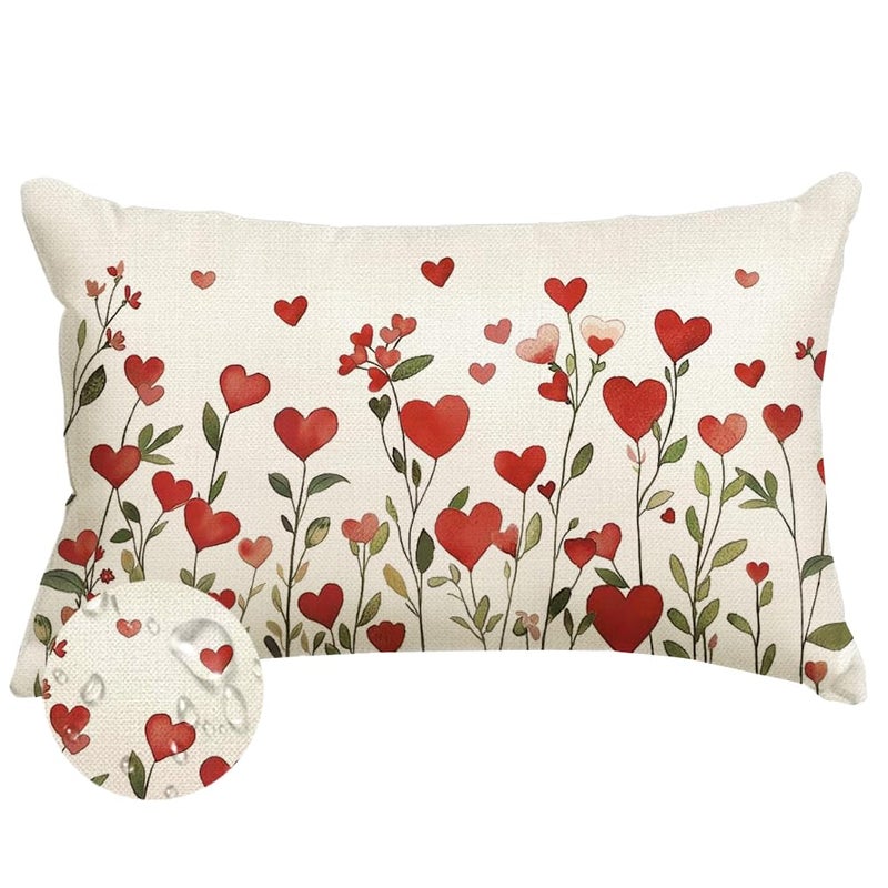 RABUSOFA Valentines Pillow Covers 12x20 inch Indoor Outdoor Waterpproof Valentines Day Decoration Red Love Heart Floral Lumbar Throw Pillowcase for Bedroom Sofa Holiday Home Decor - Image 1