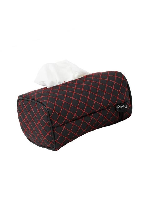 Car Leather Tissue Holder Black Sewing Red