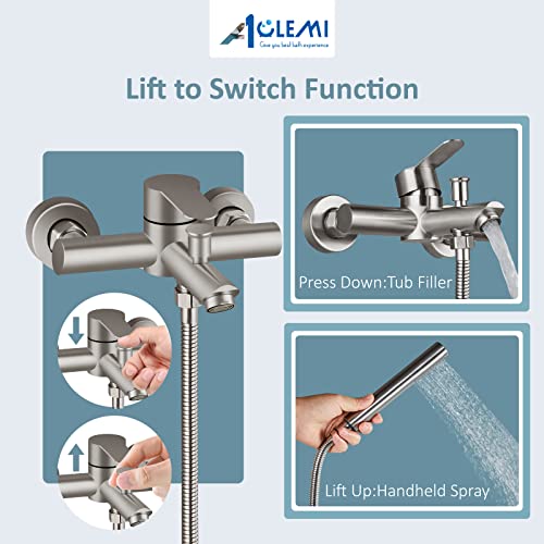 Aolemi Wall Mount Tub Filler Brushed Nickel 6 Inch Center Bathtub Faucet with Handheld Shower SUS304 Stainless Steel Single Handle Shower Mixer Taps with Hand Sprayer - Image 3