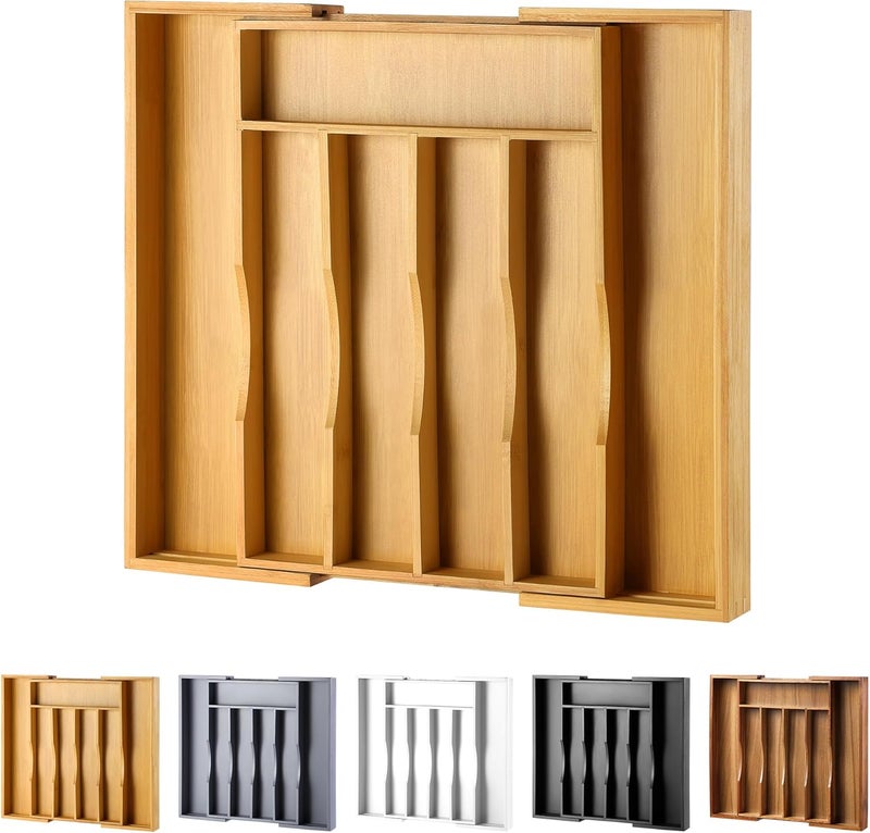 oridom Expandable Bamboo Kitchen Drawer Organizer for Cutlery and Utensils, Adjustable Bamboo Wood Cutlery Tray in Drawer for Flatware and Silverware in Kitchen, (Natural) - Image 1