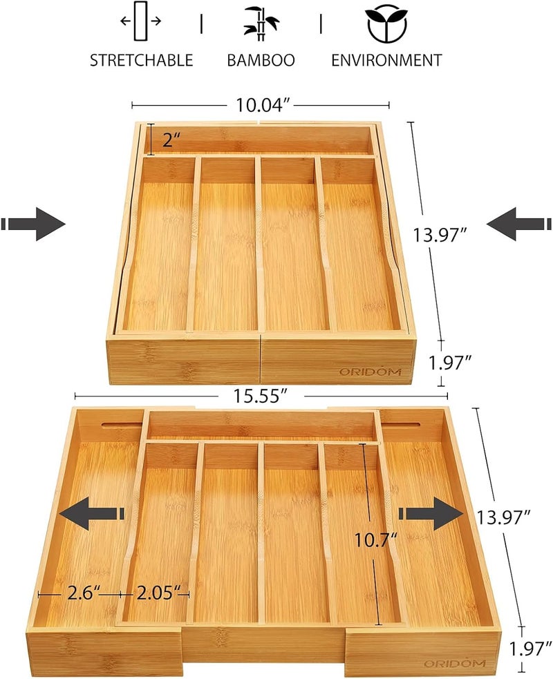 oridom Expandable Bamboo Kitchen Drawer Organizer for Cutlery and Utensils, Adjustable Bamboo Wood Cutlery Tray in Drawer for Flatware and Silverware in Kitchen, (Natural) - Image 2