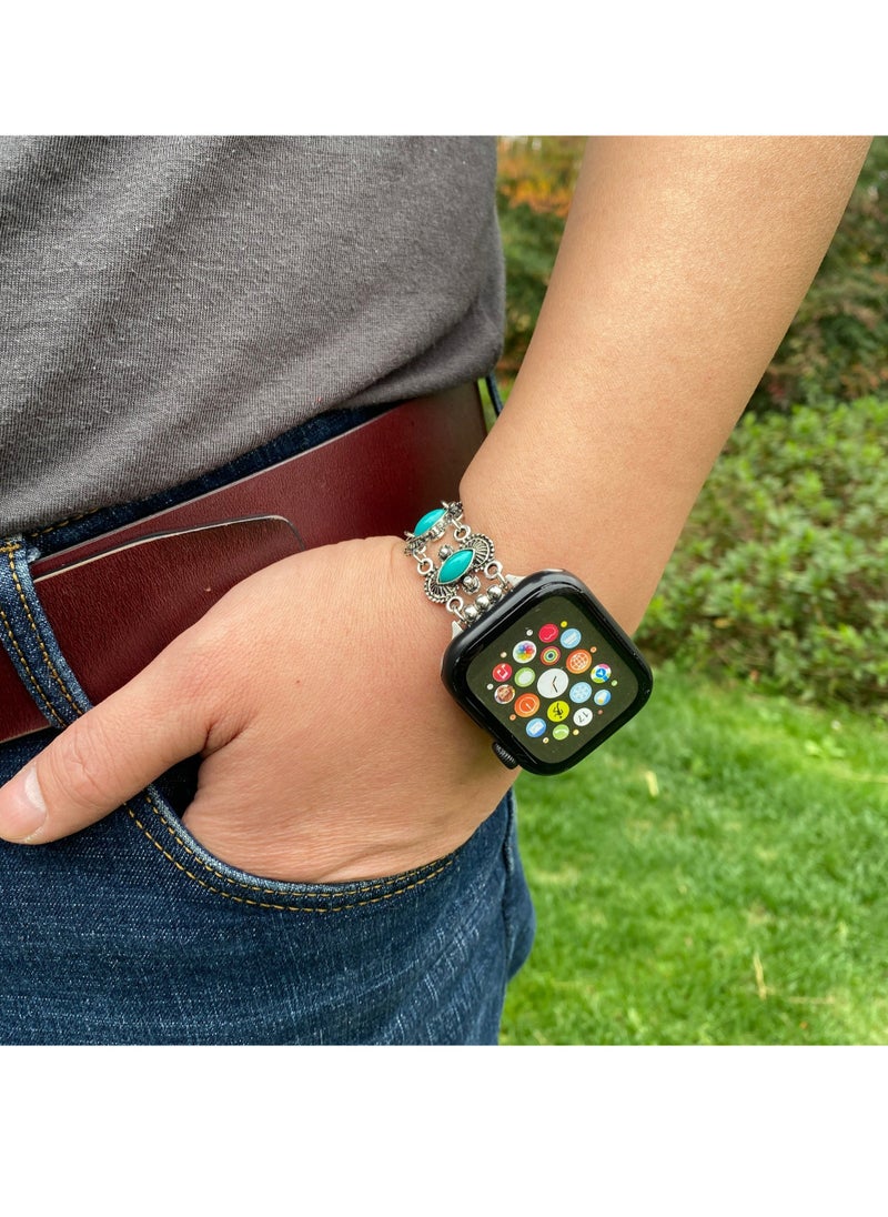 Generic Apple Watch Band 38mm 40mm 41mm Compatible with Iwatch SE Series 9/8/7/6/5/4/3/2/1  Bohemian style ethnic style metal turquoise bracelet Accessories Wristband Strap  - Image 1