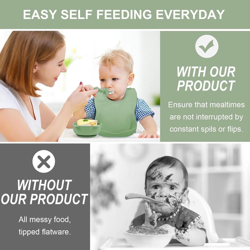 MGROY 6PCS Silicone Baby Feeding Set – Suction Plate, Bowl, Bib, Spoon, Fork & Cup – BPA-Free, Microwave & Dishwasher Safe – Soft & Safe for Babies 6 Months+ (Green) - Image 5