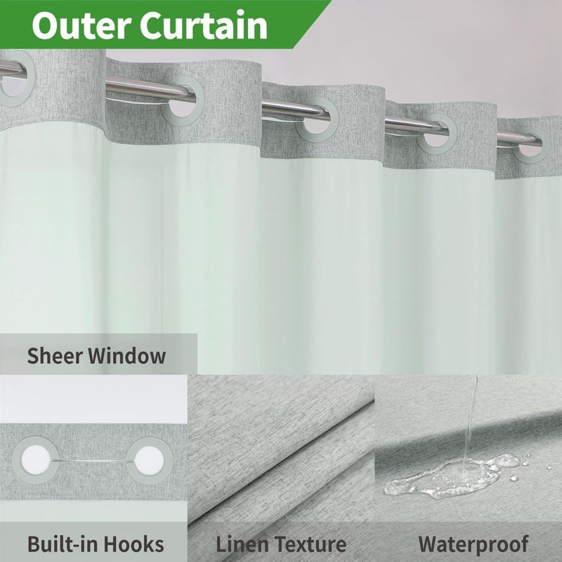 eachope No Hooks Needed Linen Textured Shower Curtain with Snap-in Fabric Liner Set,Hotel Luxury Decor Shower Curtains for Bathroom with Mesh Top Window,Waterproof & Washable,71Wx74H,Sage Green - Image 3