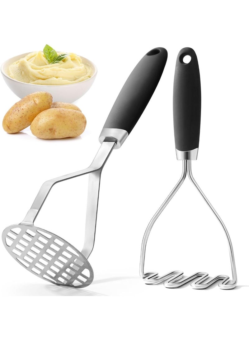 2PCs ماشر البطاطا، الفولاذ المقاوم للصدأ المتميزة ماشر البطاطا أداة المطبخ مع مقبض السيليكون، المتكاملة والأسلاك الغذاء ماشر مجموعة ماشر البطاطا والخضروات والفواكه والأفوكادو واللحوم - Image 1