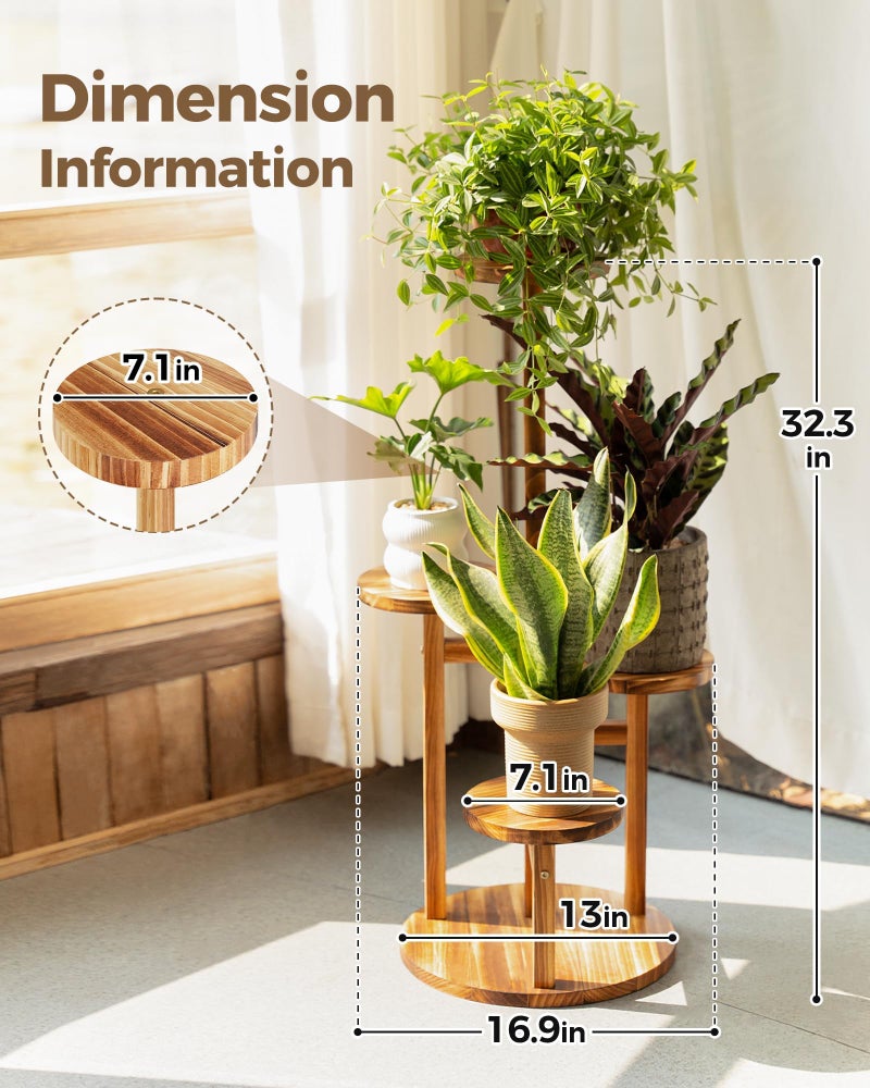 Bamworld Plant Stand Indoor Plant Shelf 4 Tier Wood Plant Stand for Multiple Plants Tall Corner Plant Stands for Outdoor Round Flower Stand Plant Holder for Living Room Patio Garden Balcony Brown - Image 4