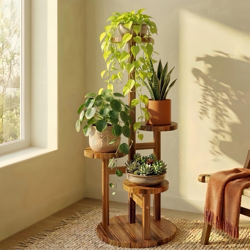 Bamworld Plant Stand Indoor Plant Shelf 4 Tier Wood Plant Stand for Multiple Plants Tall Corner Plant Stands for Outdoor Round Flower Stand Plant Holder for Living Room Patio Garden Balcony Brown - Image 1