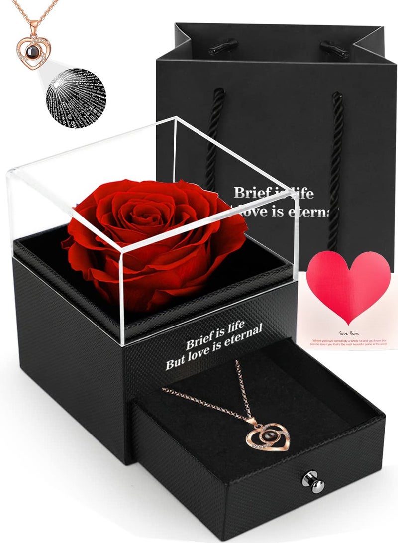 نجم ستايل علبة هدايا الورد الحقيقي المحفوظ مع قلادة أحبك، هدايا زهرة الورد الخالدة المصنوعة يدويًا للأم الأم المرأة الزوجة الزوجة الصديقة لها في عيد الأم، عيد الميلاد، عيد الميلاد، عيد السنوية، عيد الحب، عيد الميلاد - Image 1