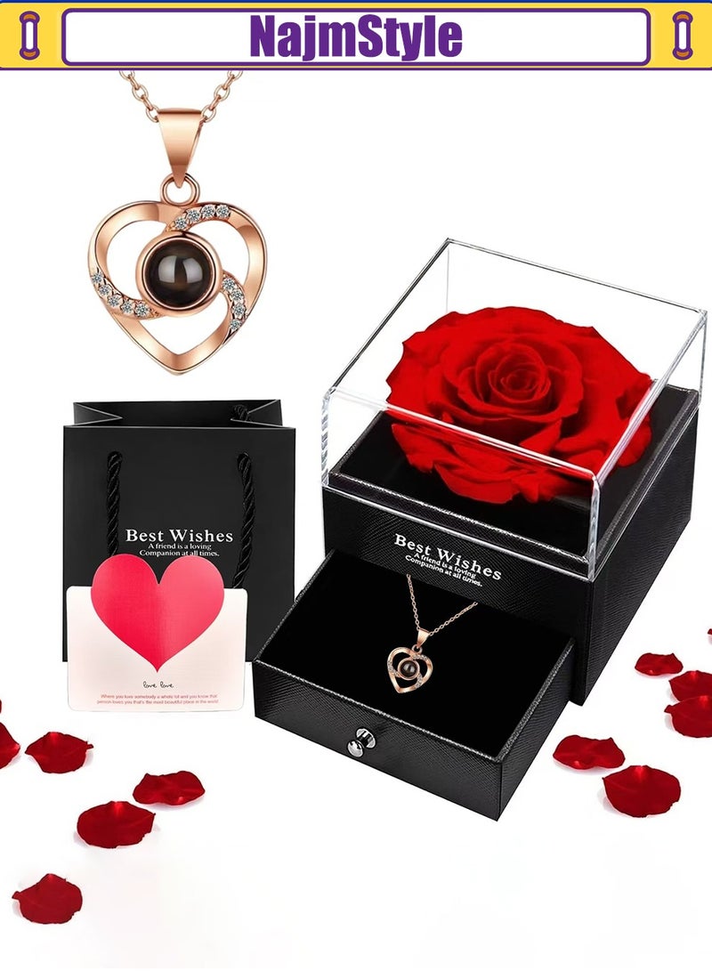 نجم ستايل علبة هدايا الورد الحقيقي المحفوظ مع قلادة أحبك، هدايا زهرة الورد الخالدة المصنوعة يدويًا للأم الأم المرأة الزوجة الزوجة الصديقة لها في عيد الأم، عيد الميلاد، عيد الميلاد، عيد السنوية، عيد الحب، عيد الميلاد - Image 3