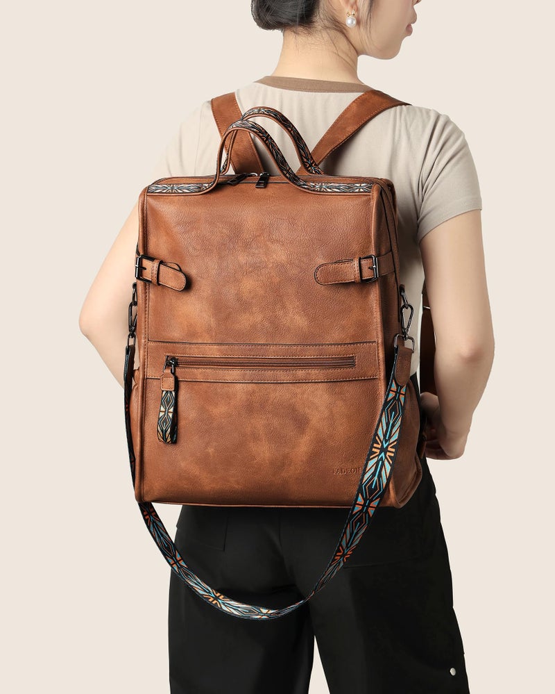 FADEON Leather Laptop Backpack for Women, Designer Ladies Work Travel Computer Backpack with Laptop Compartment Purse Brown - Image 4