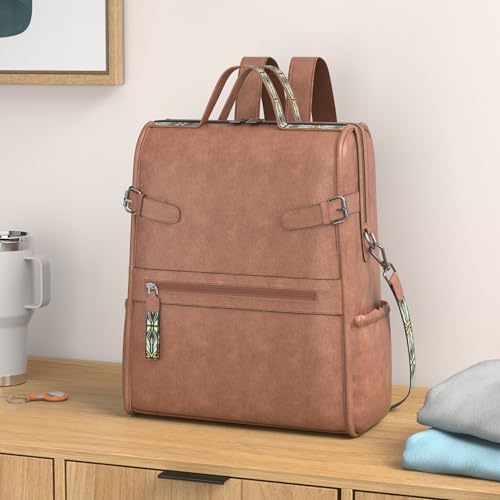 FADEON Leather Laptop Backpack for Women, Designer Ladies Work Travel Computer Backpack with Laptop Compartment Purse Brown - Image 2