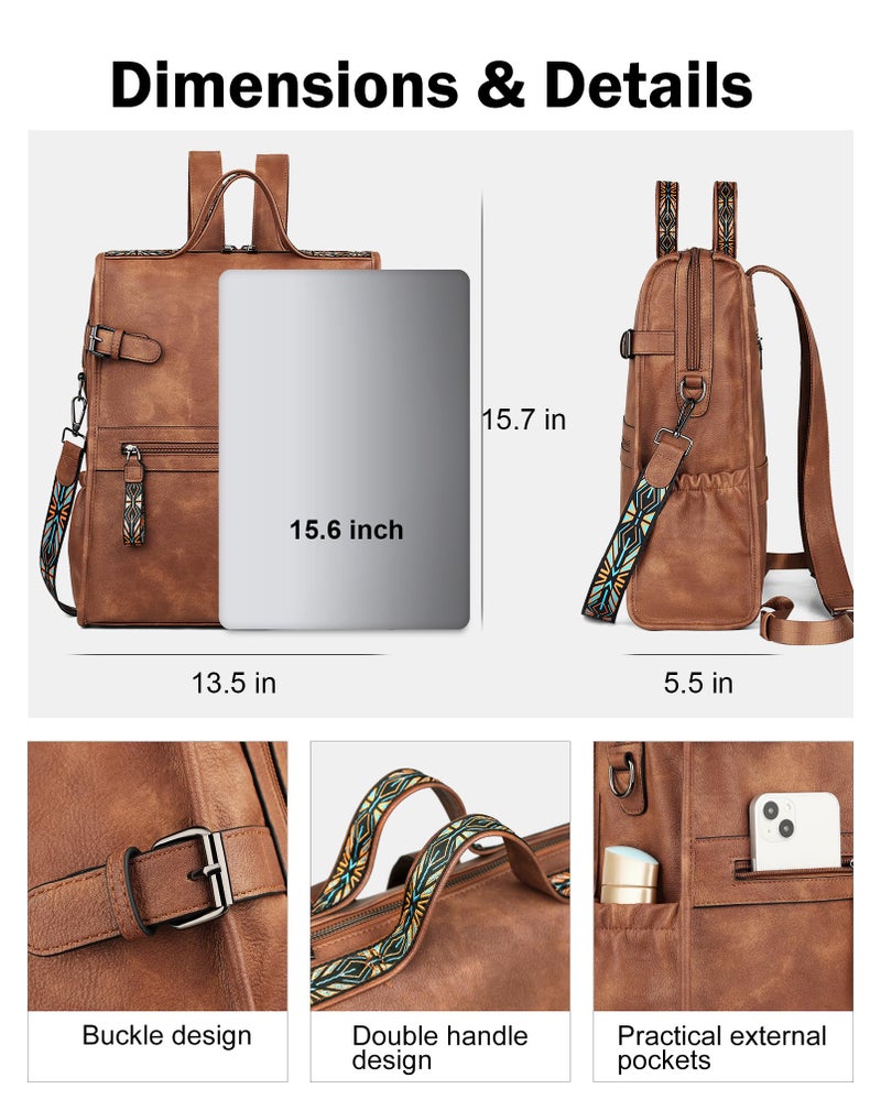 FADEON Leather Laptop Backpack for Women, Designer Ladies Work Travel Computer Backpack with Laptop Compartment Purse Brown - Image 3