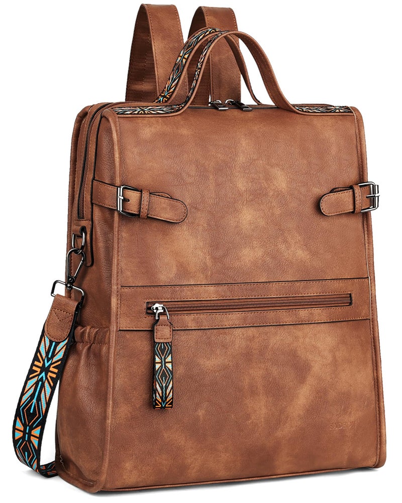 FADEON Leather Laptop Backpack for Women, Designer Ladies Work Travel Computer Backpack with Laptop Compartment Purse Brown - Image 1