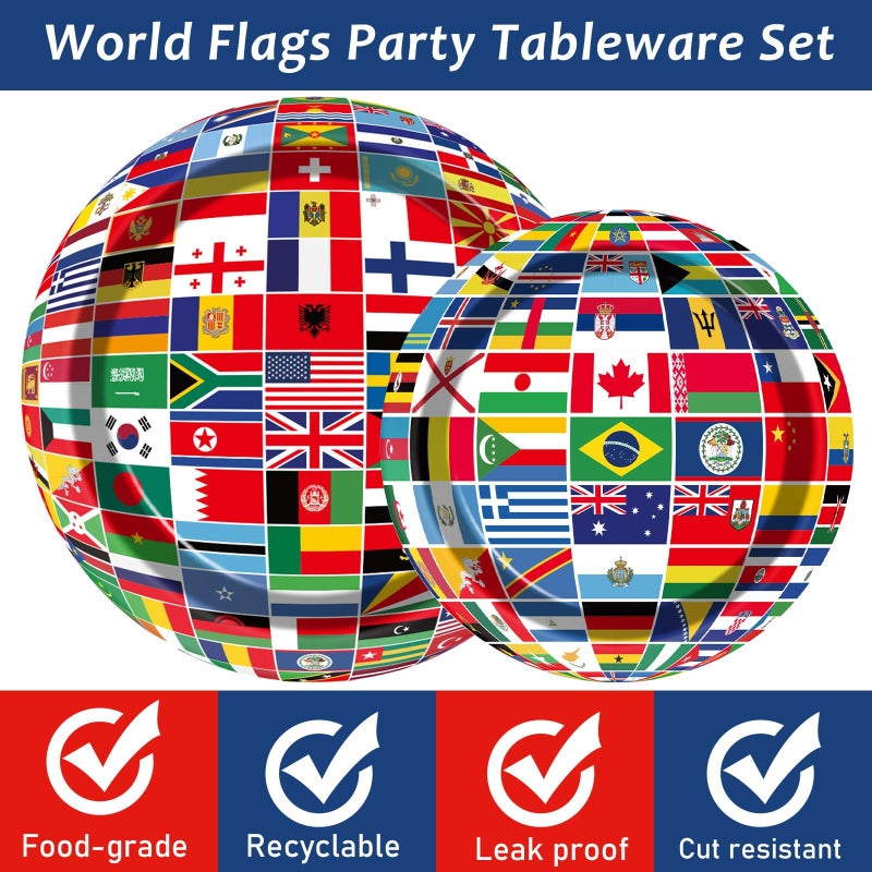 OBUSATT 96 Pcs International World Flags Party Supplies Country Flag Paper Plates Travel Trip Around the Globe and Napkins Forks party decorations for Birthday Baby Shower Serves 24 MG0165 - Image 3