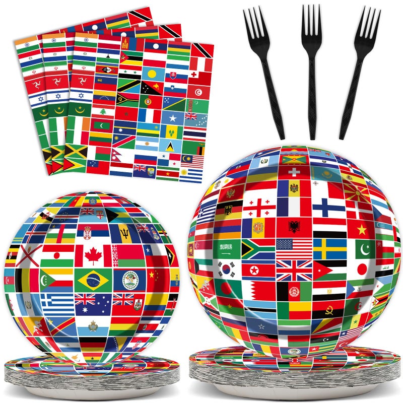 OBUSATT 96 Pcs International World Flags Party Supplies Country Flag Paper Plates Travel Trip Around the Globe and Napkins Forks party decorations for Birthday Baby Shower Serves 24 MG0165 - Image 1