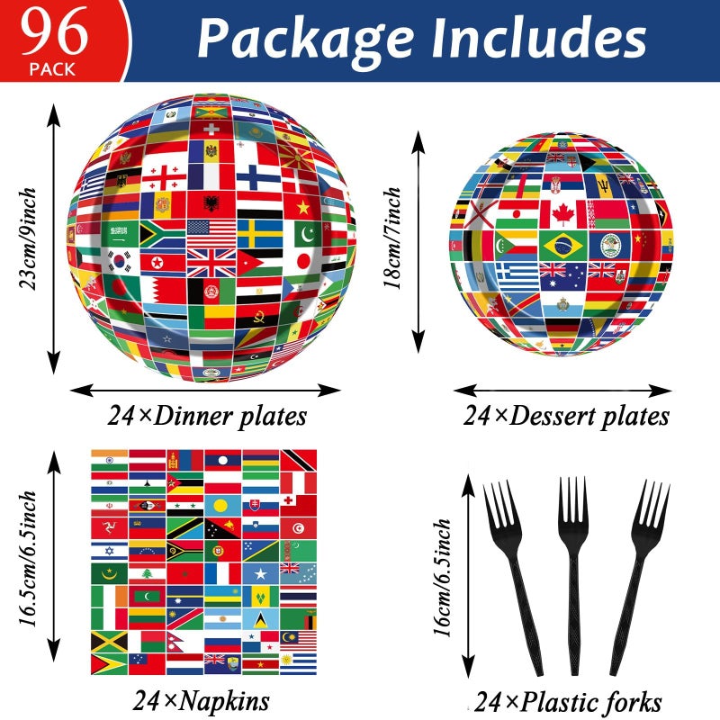 OBUSATT 96 Pcs International World Flags Party Supplies Country Flag Paper Plates Travel Trip Around the Globe and Napkins Forks party decorations for Birthday Baby Shower Serves 24 MG0165 - Image 2