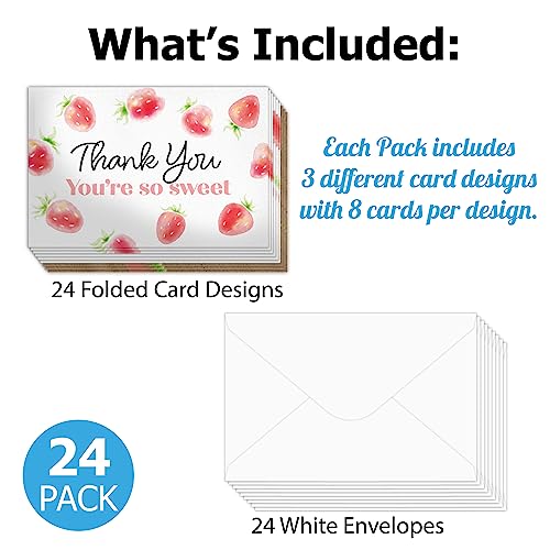 Pro Supply Global Strawberry Thank You Cards - 24 Pack, 4"x6" Foldable Greeting Set with Envelopes – Assorted 3 Designs Suitable for Expression of Gratitude, Parties, Celebrations, & Personal Writings - Image 5