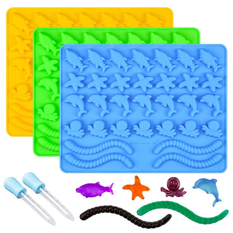 CAKETIME Gummy Molds Hard Candy Molds - Candy Molds Silicone Including Worms, Starfishs, Dolphins, Octopus, Sharks Sea Mold, Pinch Test Approved Pack of 3 Ocean Molds - Image 1