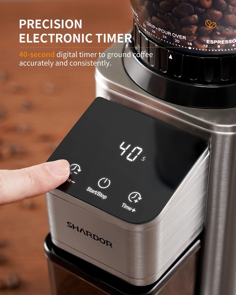 SHARDOR Professional Conical Burr Coffee Grinder, Coffee Bean Grinder with 48 Grind Settings for Espresso, Drip & French Press, Upgraded Anti-Static Technology, Precision Timer, Stainless Steel - Image 5