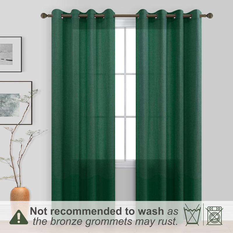KOUFALL Dark Green Curtains 84 Inches Long for Living Room 2 Panels Set Sheer Linen Black Grommet Semi Light Filtering Moody Curtains Drapes for Bedroom Dining Room Emerald - Image 2