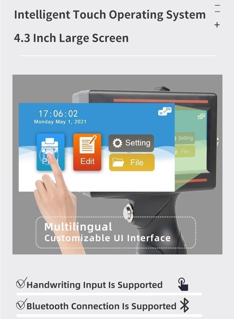 Demin Handheld Inkjet Printer, 12.7mm Portable Handheld Inkjet Printer with 4.3-inch Touch Screen, Fast-Drying Ink, for Logo/Image/Production Date/Number/Batch/QR Code/Barcode, Supports 25 Languages - Image 3