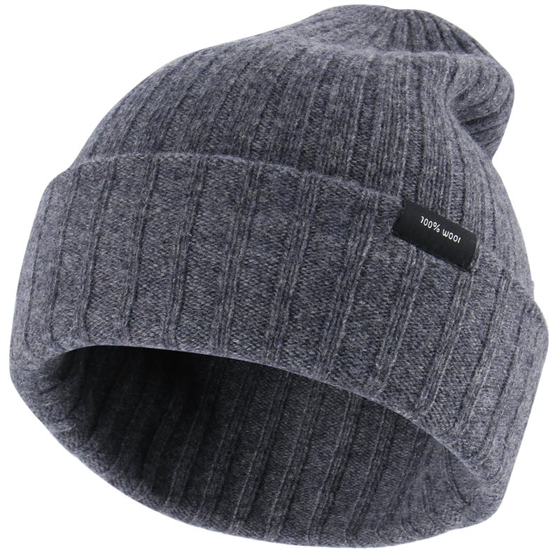 Ababalaya 100% Wool Beanie for Men Women Windproof Double Layer Super Cozy Knitted Cuffed Beanies Unisex Warm Winter Hat with Ear Protection & Face-Slimming Fit, Charcoal Gray - Image 1