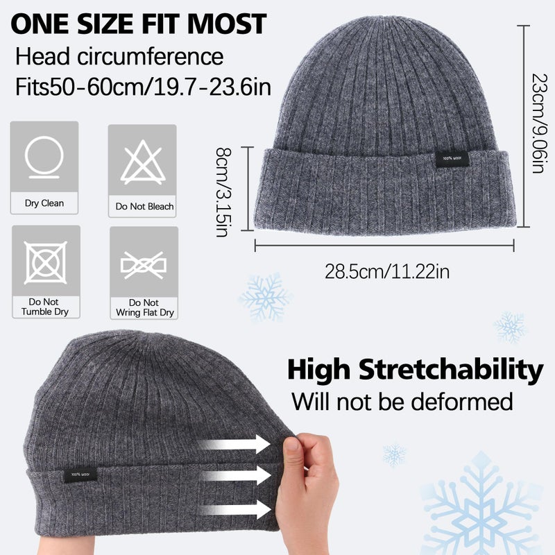 Ababalaya 100% Wool Beanie for Men Women Windproof Double Layer Super Cozy Knitted Cuffed Beanies Unisex Warm Winter Hat with Ear Protection & Face-Slimming Fit, Charcoal Gray - Image 3