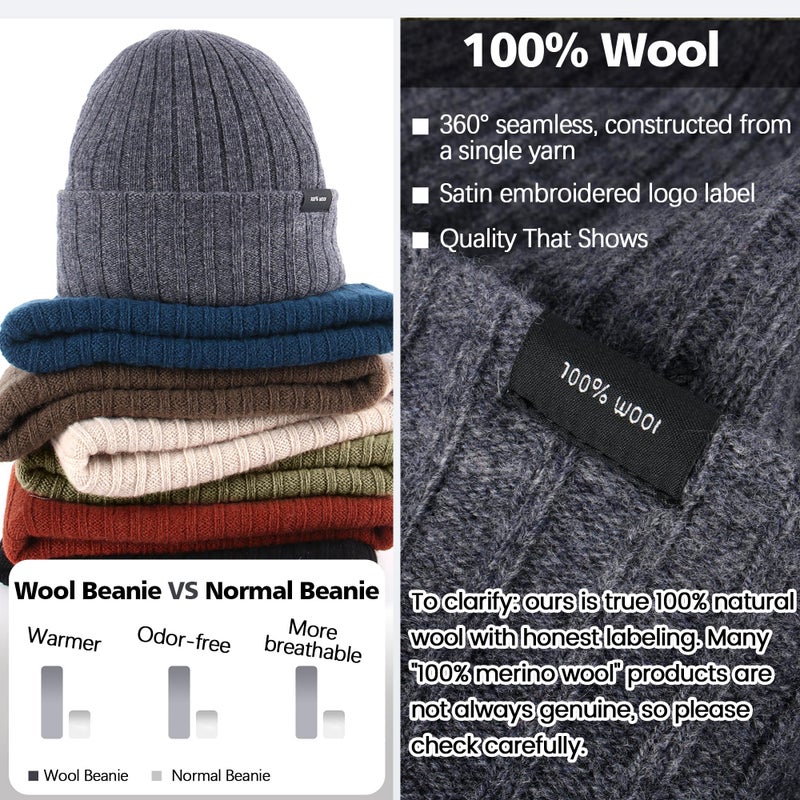 Ababalaya 100% Wool Beanie for Men Women Windproof Double Layer Super Cozy Knitted Cuffed Beanies Unisex Warm Winter Hat with Ear Protection & Face-Slimming Fit, Charcoal Gray - Image 2