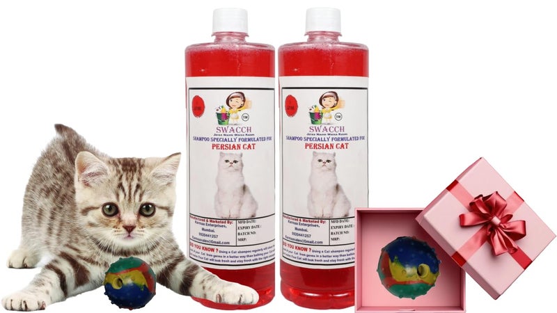 swacch Persian Cat Shampoo + Rubber Musical Ball I Chew Playing Rubber Ball I Interactive Cat Toy Balls I Training & Play I Combo Pack I 1 Litre Pack of 2 Strawberry - Image 1