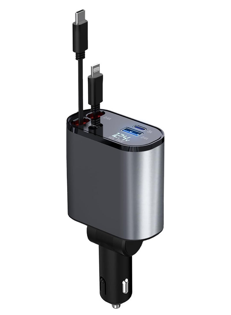 شاحن سيارة - محول شحن سريع 4 في 1 مع كابلات Lightning وType C قابلة للطي، ومنافذ USB مزدوجة وشاشة عرض الجهد - متوافق مع iPhone وiPad وAndroid - Image 2