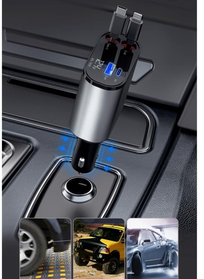 شاحن سيارة - محول شحن سريع 4 في 1 مع كابلات Lightning وType C قابلة للطي، ومنافذ USB مزدوجة وشاشة عرض الجهد - متوافق مع iPhone وiPad وAndroid - Image 4