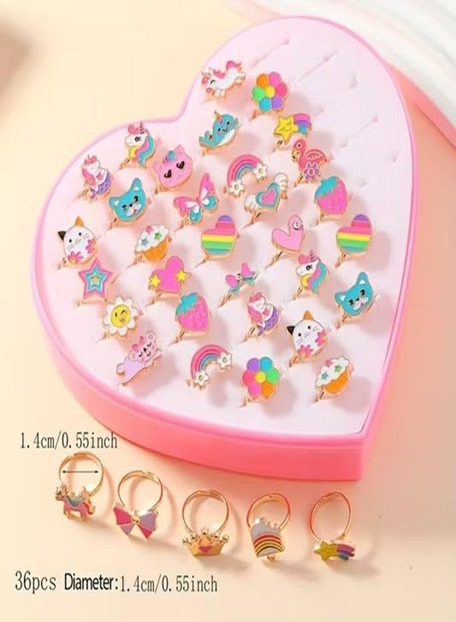 El Regalo 36 Pcs Adjustable Enamel Kids Rings - Unicorn, Rainbow, Strawberry, Flowers & More | No-Duplicate Dress-Up Jewelry Box for 4-12 Year Old Girls - Birthday, Christmas, Valentines (Style-2) - Image 4