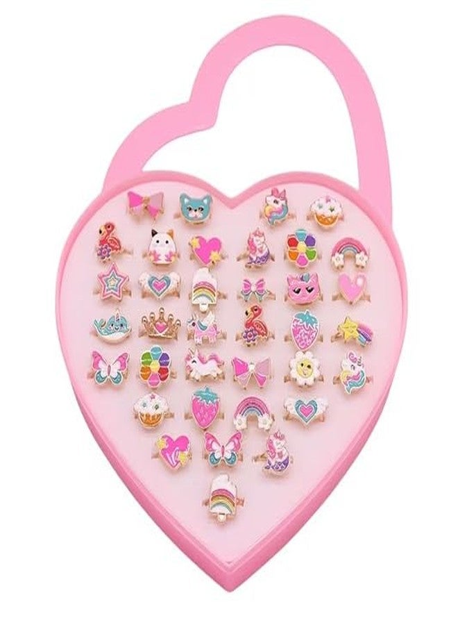 El Regalo 36 Pcs Adjustable Enamel Kids Rings - Unicorn, Rainbow, Strawberry, Flowers & More | No-Duplicate Dress-Up Jewelry Box for 4-12 Year Old Girls - Birthday, Christmas, Valentines (Style-2) - Image 2