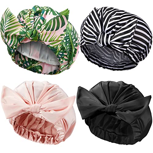 Floraltop 4 Pcs Shower Caps for Women Waterproof Reusable Shower Hair Caps Bowknot Satin Bath Hair Caps Elastic Hem Turban Bath Caps for Long Short Curly Hair Women Girls Stripe - Image 1