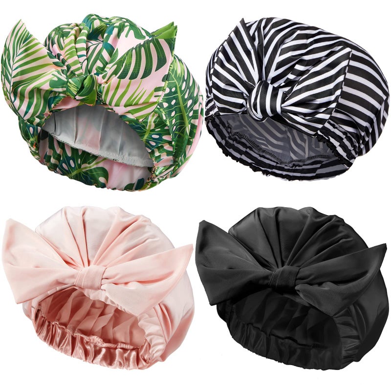 Floraltop 4 Pcs Shower Caps for Women Waterproof Reusable Shower Hair Caps Bowknot Satin Bath Hair Caps Elastic Hem Turban Bath Caps for Long Short Curly Hair Women Girls Stripe - Image 2