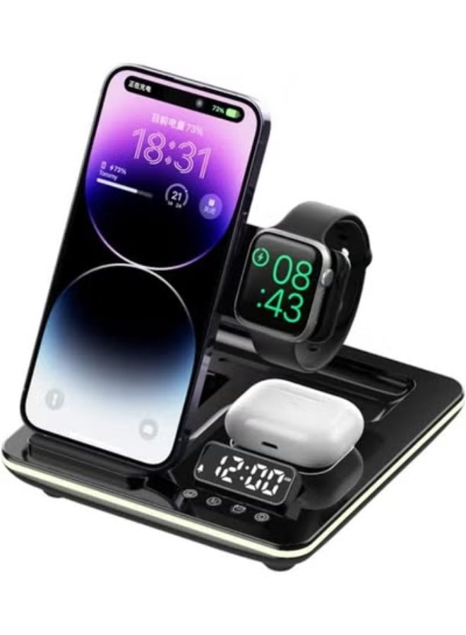 إتش إكس دي زومليون محطة شحن لاسلكية 5 في 1 – حامل شحن سريع للهاتف وساعة iWatch وسماعات AirPods، قاعدة شحن Qi متعددة الأجهزة مع منبه وإضاءة LED (أسود) - Image 1