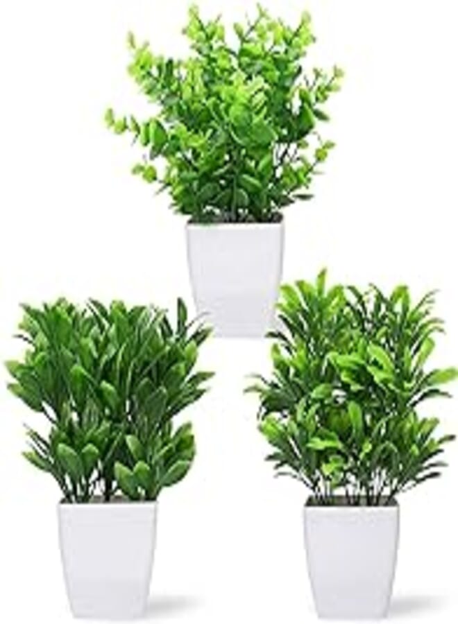 3 Pcs Artificial Potted Plants Plastic Small Potted Green Plants with Vase for Home Office Room Decor Greenery 