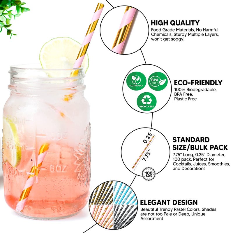 KEDON Pink Gold Paper Straws 100, Disposable Cake Pop Sticks Metallic Gold Striped Star Decorative Pink Straws for Drinking Cocktail Bachelorette Wedding Crafts Baby Bridal Shower Gender Reveal - Image 4